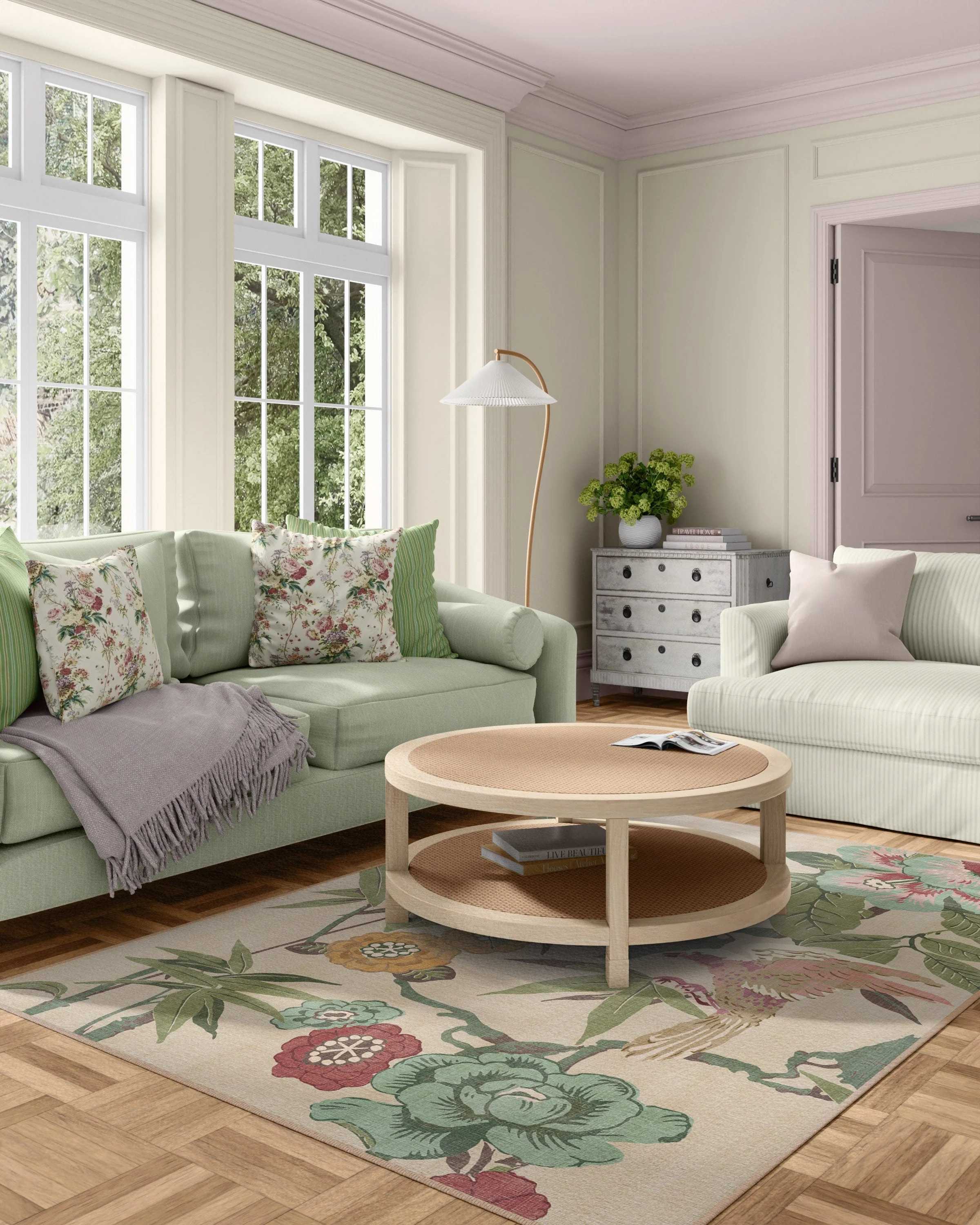Bamboo & Bird Blush & Jade Flatwoven Rug