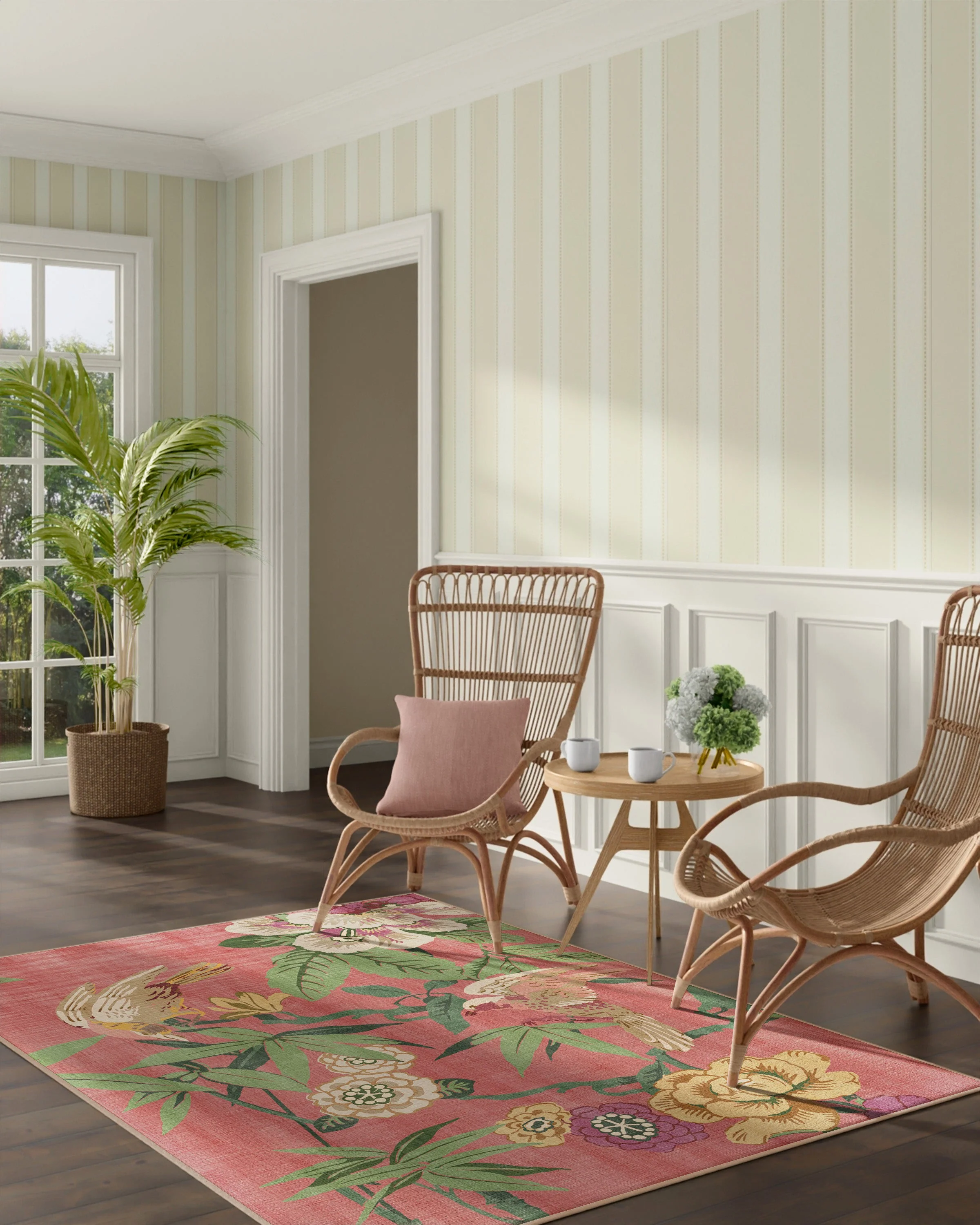 Bamboo & Bird Blossom Pink Flatwoven Rug