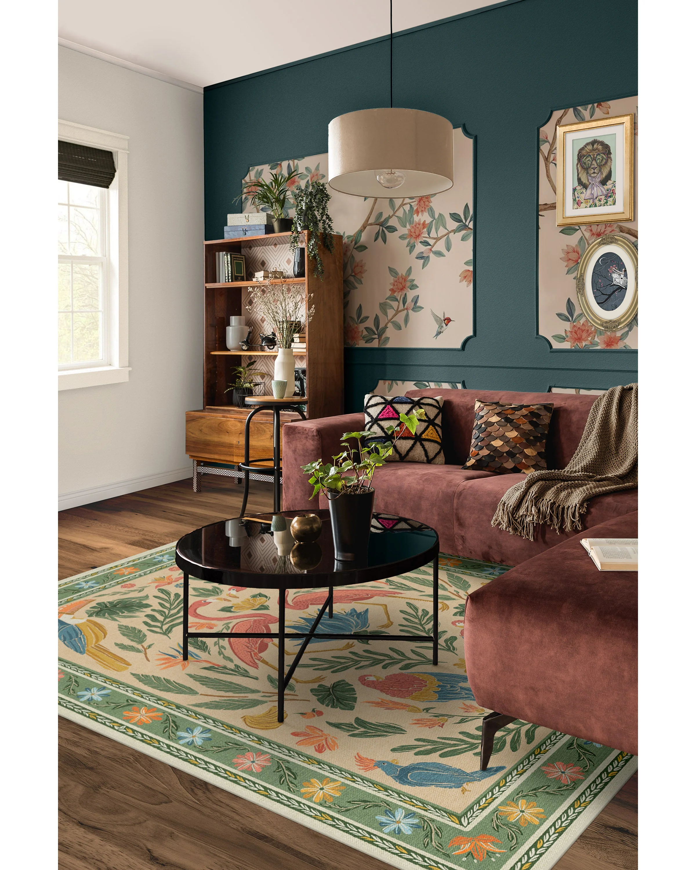 410-birds-of-a-feather-green-peach-flatwoven-rug-2.webp Birds Of A Feather Green & Peach Flatwoven Rug