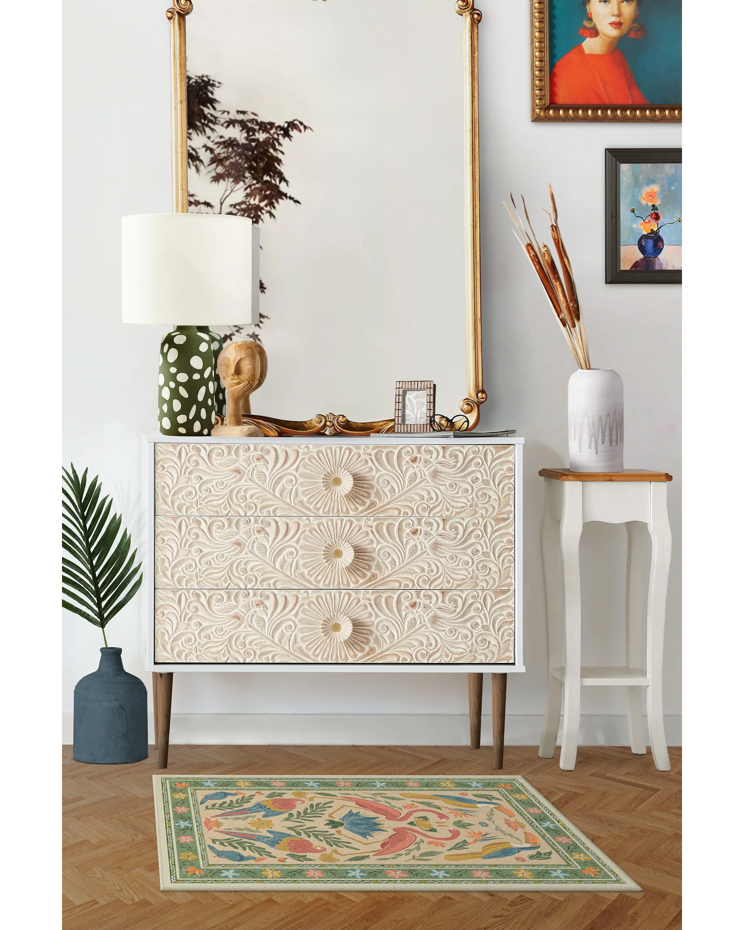 410-birds-of-a-feather-green-peach-flatwoven-rug-4.webp Birds Of A Feather Green & Peach Flatwoven Rug